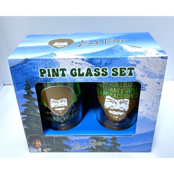 Bob Ross Pint Beer Glass Set 2 x 16oz Painting Happy Trees Art Collectible New - Picture 8 of 8